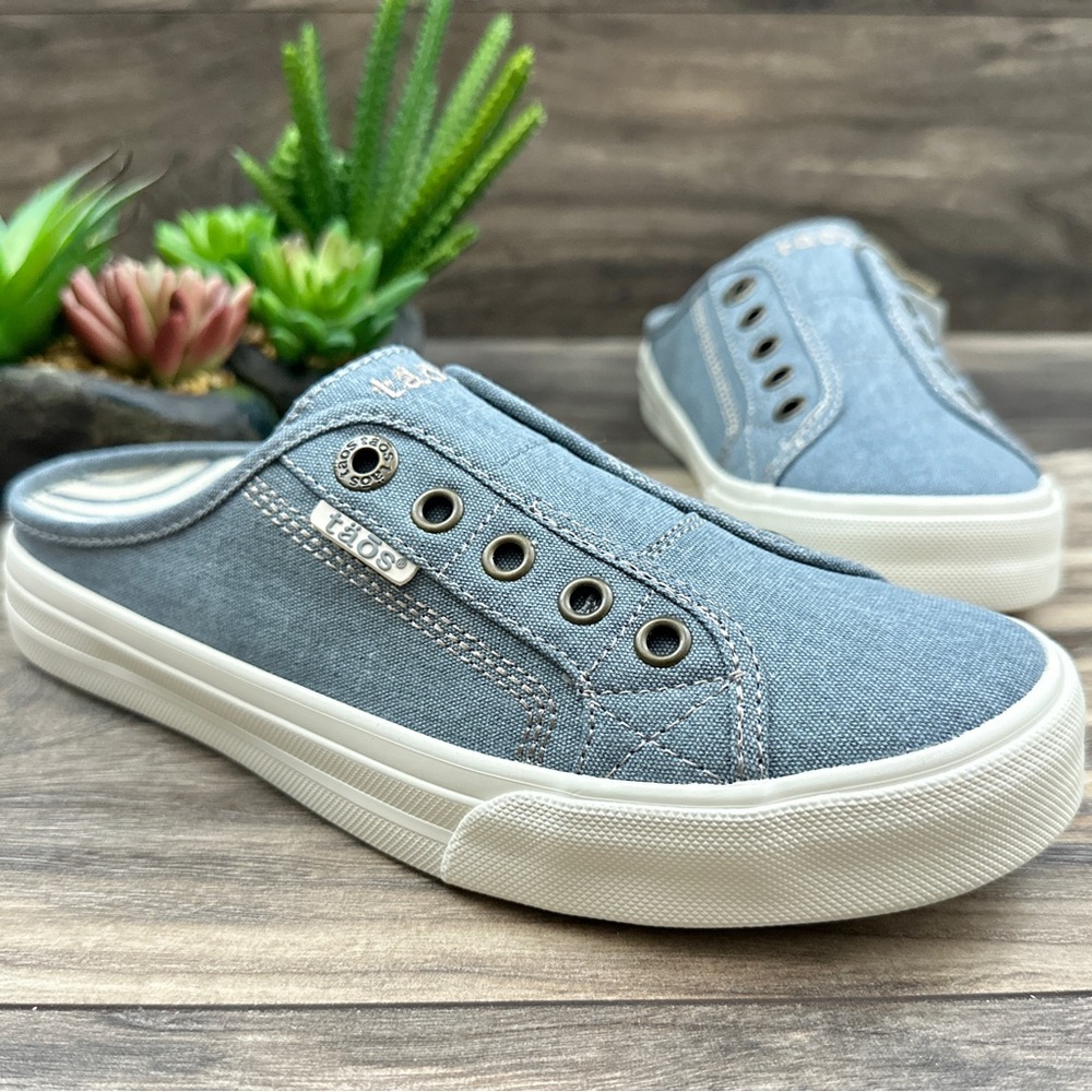 ❌SOLD OUT❌NIB Taos Footwear EZ Soul Mule Sneaker Lake Blue Wash Canvas 7.5M - Picture 5 of 12